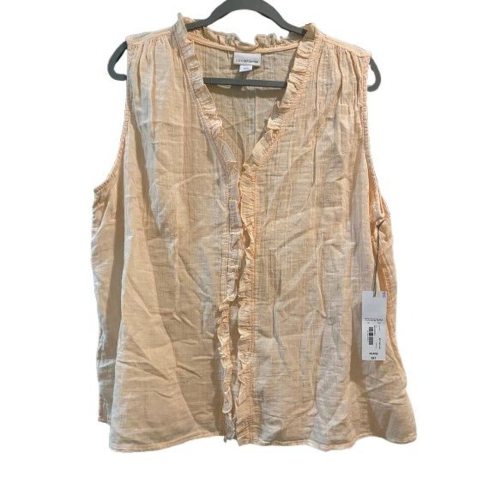 Women's XXL Top Sleeveless Liz Claiborne Peach Cotton Ruffled V-neck